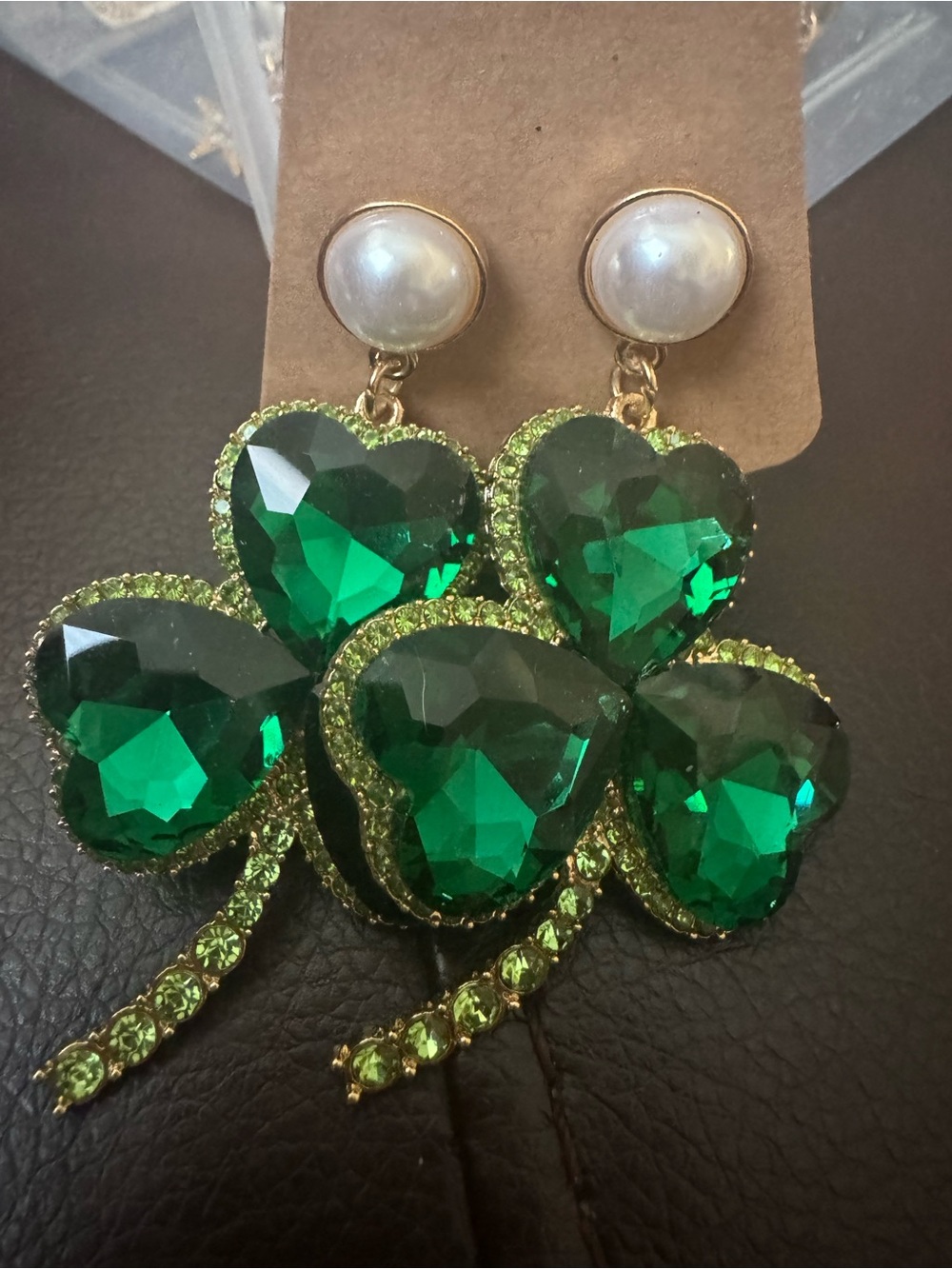 Private Label Pearl-Top Green Crystal Shamrock Drop Earrings